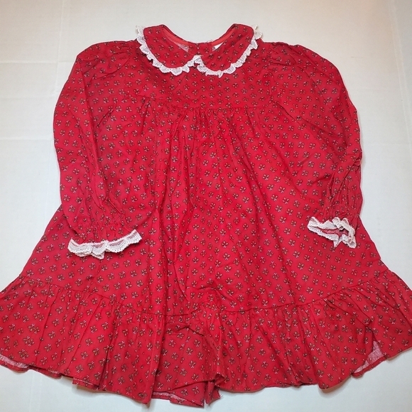 Vtg Bryan Baby Girl Holiday Christmas Tiny Floral Red White Lace 4T Dress - Picture 4 of 7